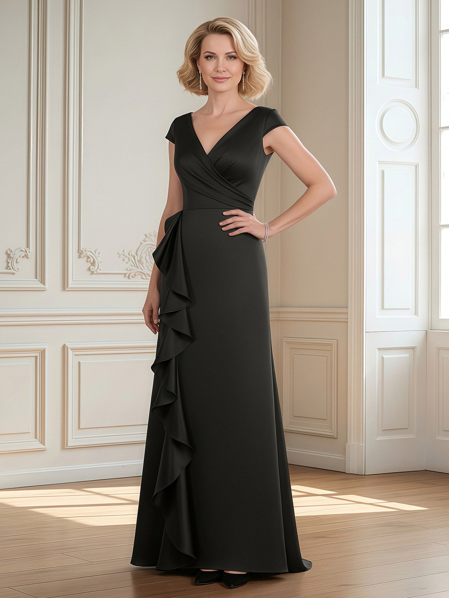 Robe De Soirée Noire Manches Longues Voile Transparent - Strass Encolure & Poignets - Taille L