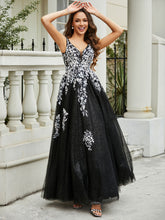 Robe Appliquée en Tulle Dentelle à Col en V Plongeant Noir