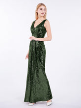 Fourreau Col en V Paillettes Robe Longue Olive Verte