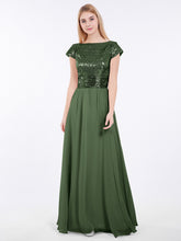 Paillettes Robe Longue avec Mancherons Olive Verte
