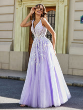 Robe Appliquée en Tulle Dentelle à Col en V Plongeant Lilas