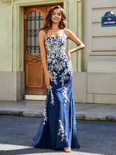 Robe Sirène Appliquée Dos Nu en Tulle Dentelle Bleu Marine