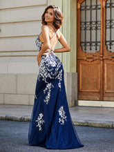 Robe Sirène Appliquée Dos Nu en Tulle Dentelle Bleu Marine