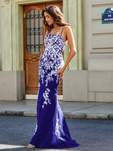 Robe Sirène Appliquée Dos Nu en Tulle Dentelle Bleu Royale