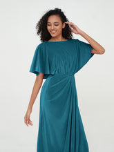 Robes Longues Fourreau en Velours avec Manches Flottantes Bleu Encre