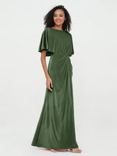 Robes Longues Fourreau en Velours avec Manches Flottantes Olive Verte