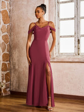 Robe Fourreau/Colonne à Hors de l'Épaule et Bretelles Spaghetti avec Fente Haute Cannelle Rose