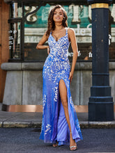 Robe en Tulle à Bretelles Spaghetti avec Fente Haute Bleu Royale