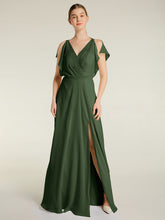 Encolure En V Mousseline Maxi Robes Avec Fente Olive Verte