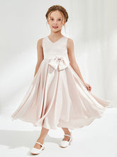 Robe de Fille en Acétate Satin à Col en V avec Nœud Pétale Rose