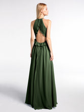 Robe Longue Maxi en Mousseline Décolleté en Trou de Serrure de Dos Ouvert Olive Verte
