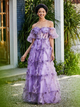 Robe en Tulle Plissée à Hors de l'Épaule avec Demi-Manches Lilas
