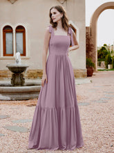Robe Longueur au Sol en Mousseline à Encolure Carrée Vintage Mauve