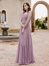 Robe Longueur au Sol en Mousseline à Encolure Carrée Vintage Mauve