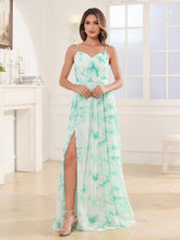 Robe en Mousseline à Bretelles Spaghetti et Col en V avec Fente Marbre Menthe