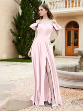 Robe en Satin à Manches Flottantes Hors de l'Épaule avec Poches Rose Pâle