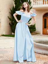 Robe en Satin à Manches Flottantes Hors de l'Épaule avec Poches Bleu Ciel