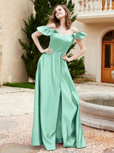 Robe en Satin à Manches Flottantes Hors de l'Épaule avec Poches Turquoise