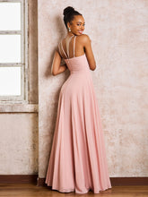 Robe Demoiselle d'Honneur Mousseline à Col Licou Longueur au Sol Rose Poudré