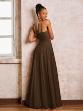 Robe Demoiselle d'Honneur Mousseline à Col Licou Longueur au Sol Brun