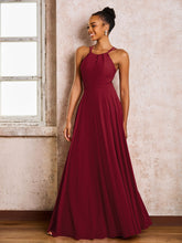 Robe Demoiselle d'Honneur Mousseline à Col Licou Longueur au Sol Bordeaux