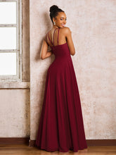 Robe Demoiselle d'Honneur Mousseline à Col Licou Longueur au Sol Bordeaux