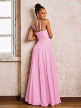 Robe Demoiselle d'Honneur Mousseline à Col Licou Longueur au Sol Rose Bonbon