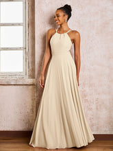 Robe Demoiselle d'Honneur Mousseline à Col Licou Longueur au Sol Champagne