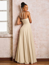 Robe Demoiselle d'Honneur Mousseline à Col Licou Longueur au Sol Champagne