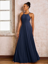 Robe Demoiselle d'Honneur Mousseline à Col Licou Longueur au Sol Bleu Marine