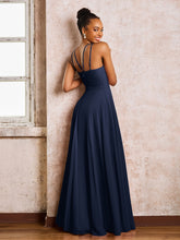 Robe Demoiselle d'Honneur Mousseline à Col Licou Longueur au Sol Bleu Marine