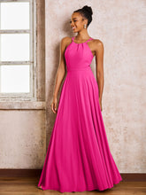 Robe Demoiselle d'Honneur Mousseline à Col Licou Longueur au Sol Fuchsia