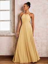 Robe Demoiselle d'Honneur Mousseline à Col Licou Longueur au Sol Or