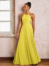 Robe Demoiselle d'Honneur Mousseline à Col Licou Longueur au Sol Citron