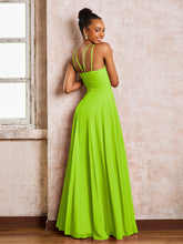 Robe Demoiselle d'Honneur Mousseline à Col Licou Longueur au Sol Vert Citron