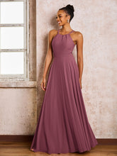 Robe Demoiselle d'Honneur Mousseline à Col Licou Longueur au Sol Mûre