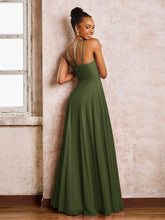 Robe Demoiselle d'Honneur Mousseline à Col Licou Longueur au Sol Olive Verte