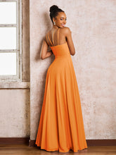 Robe Demoiselle d'Honneur Mousseline à Col Licou Longueur au Sol Orange