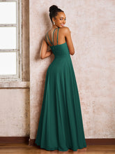 Robe Demoiselle d'Honneur Mousseline à Col Licou Longueur au Sol Paon