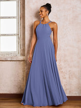 Robe Demoiselle d'Honneur Mousseline à Col Licou Longueur au Sol Pervenche