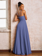 Robe Demoiselle d'Honneur Mousseline à Col Licou Longueur au Sol Pervenche