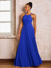 Robe Demoiselle d'Honneur Mousseline à Col Licou Longueur au Sol Bleu Royale