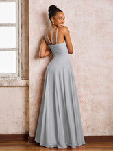 Robe Demoiselle d'Honneur Mousseline à Col Licou Longueur au Sol Argent