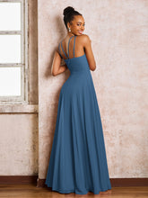 Robe Demoiselle d'Honneur Mousseline à Col Licou Longueur au Sol Bleu de Schiste