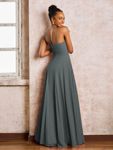 Robe Demoiselle d'Honneur Mousseline à Col Licou Longueur au Sol Gris Acier