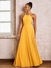Robe Demoiselle d'Honneur Mousseline à Col Licou Longueur au Sol Mandarine