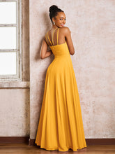 Robe Demoiselle d'Honneur Mousseline à Col Licou Longueur au Sol Mandarine