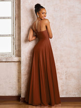 Robe Demoiselle d'Honneur Mousseline à Col Licou Longueur au Sol Terracotta