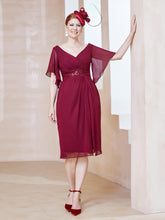 Robe en Mousseline à Col en V Orné de Strass Bordeaux