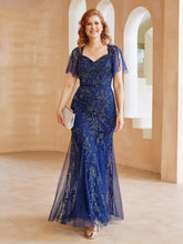 Robe en Tulle et Dentelle Longueur au Sol à Col en V avec Paillettes Bleu Marine Clair